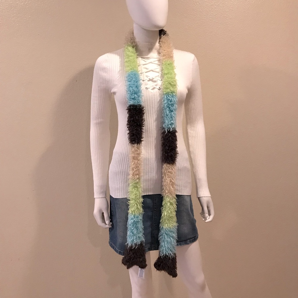 Colorful Fuzzy Knit Tube Scarf Trendy Cozy Sparkle Brown Blue Green Tan Festival